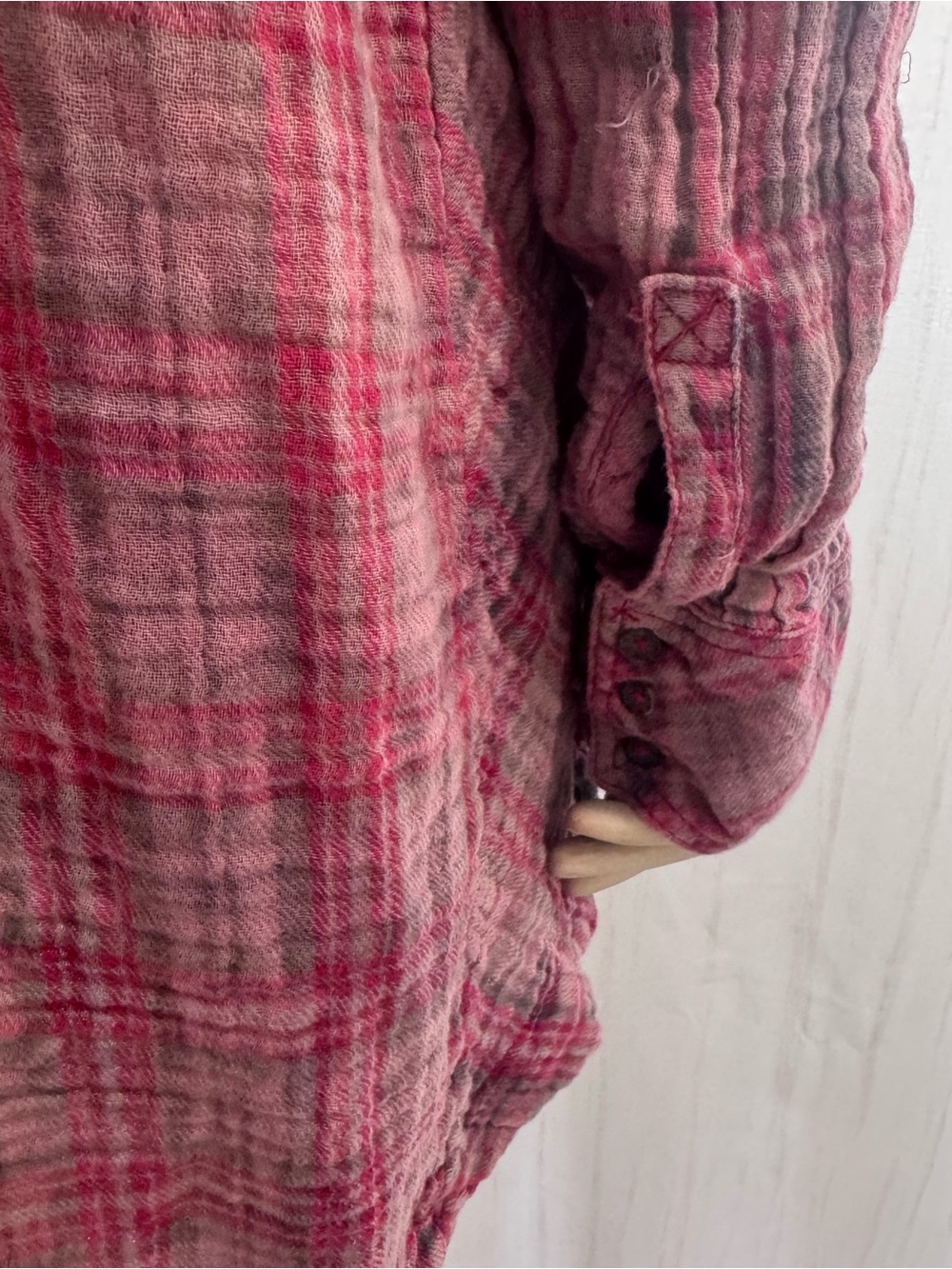 Free People M Pink Red Flannel Plaid Tunic Top Boho Hippie Long Sleeve Shirt - Picture 8 of 12